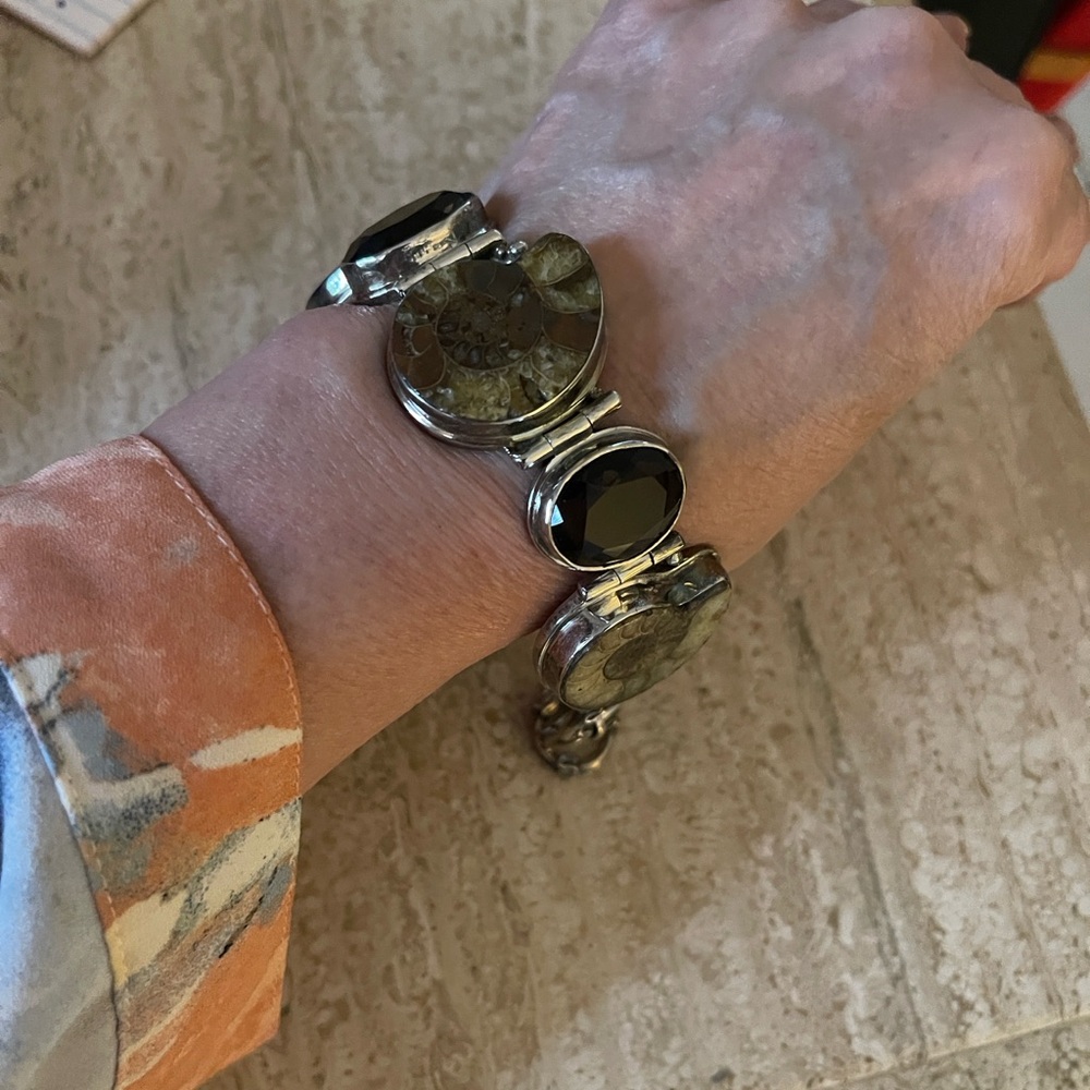 Ammonite and Faceted Oval Brown Gem Sterling Silver Bracelet